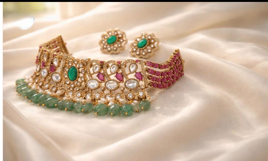 Regal Emrald Ruby Polki Choker Necklace Set