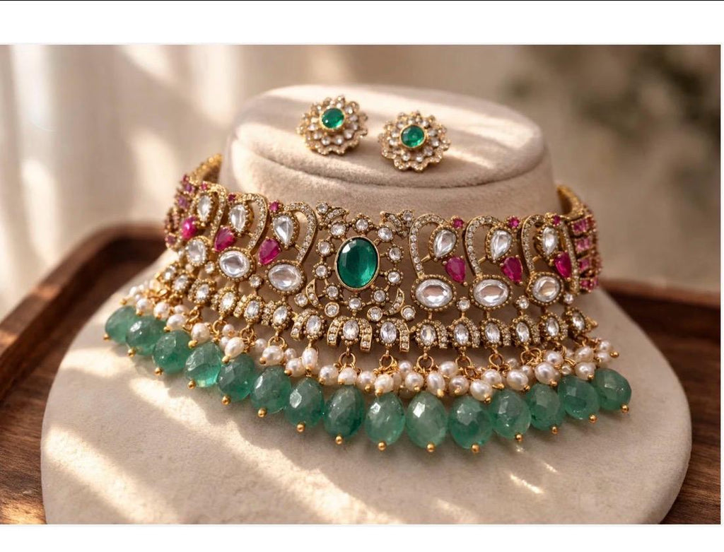 Regal Emrald Ruby Polki Choker Necklace Set