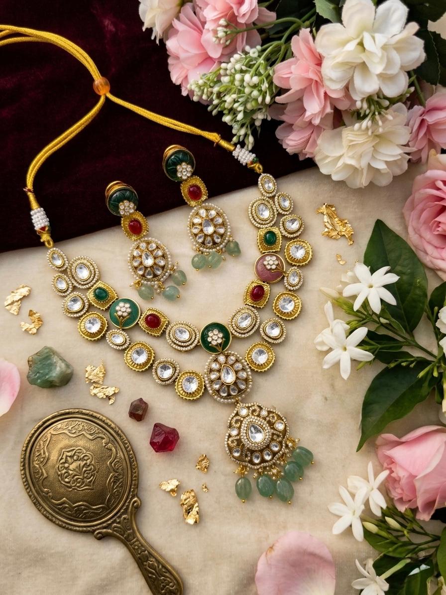 Designer Kundan Double Layer Choker Necklace Set