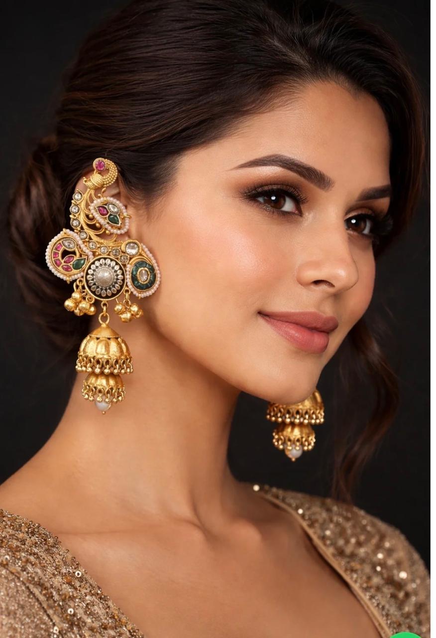 Gold Peacock Kundan Jhumka Ear Cuffs