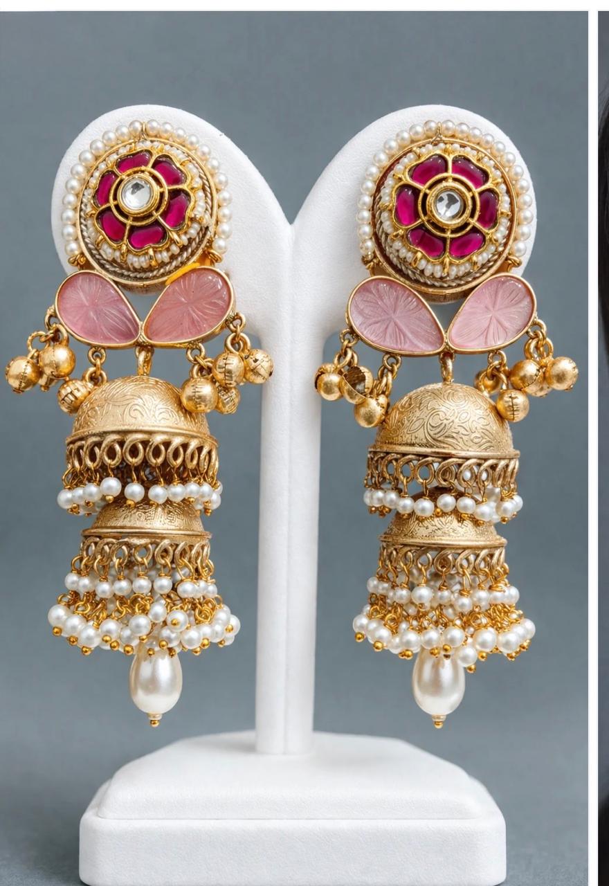 Gold Plated Kundan & Pearl Jhumka Earings